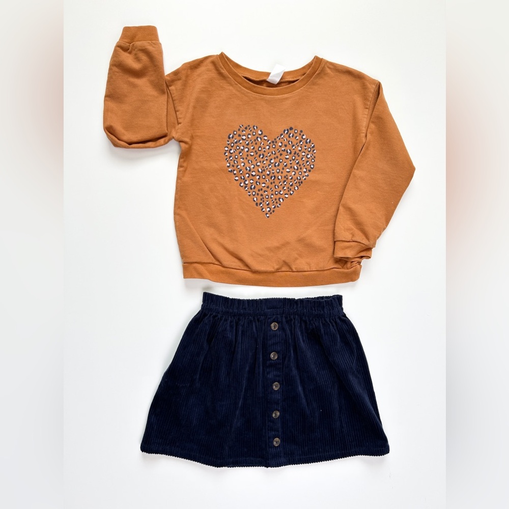 Girls Heart Sweater & Navy Corduroy Skirt - Size 10